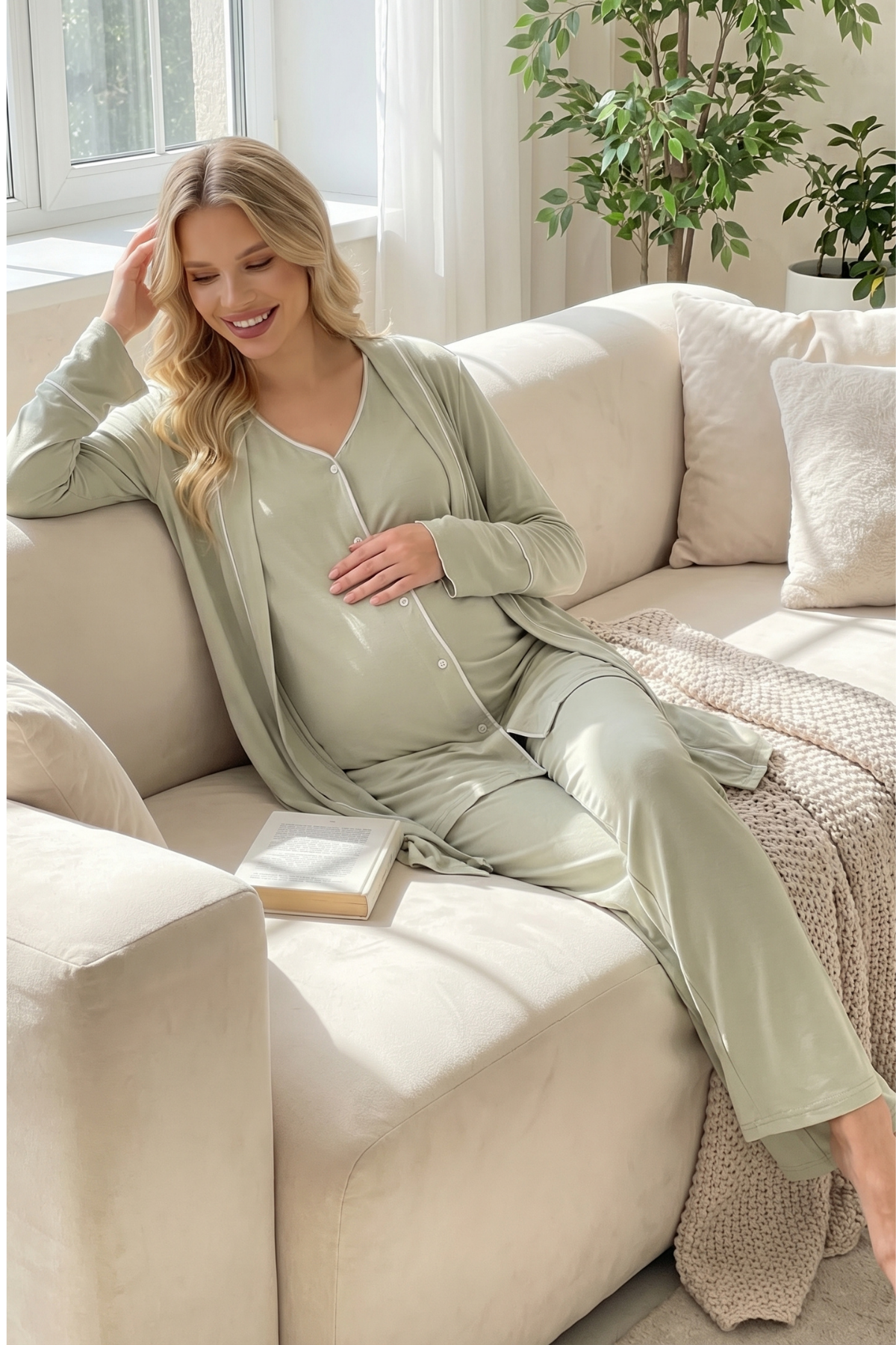 Önden Düğmeli 3'lü Sabahlıklı Lohusa Pijama Takımı Yeşil - 2039
