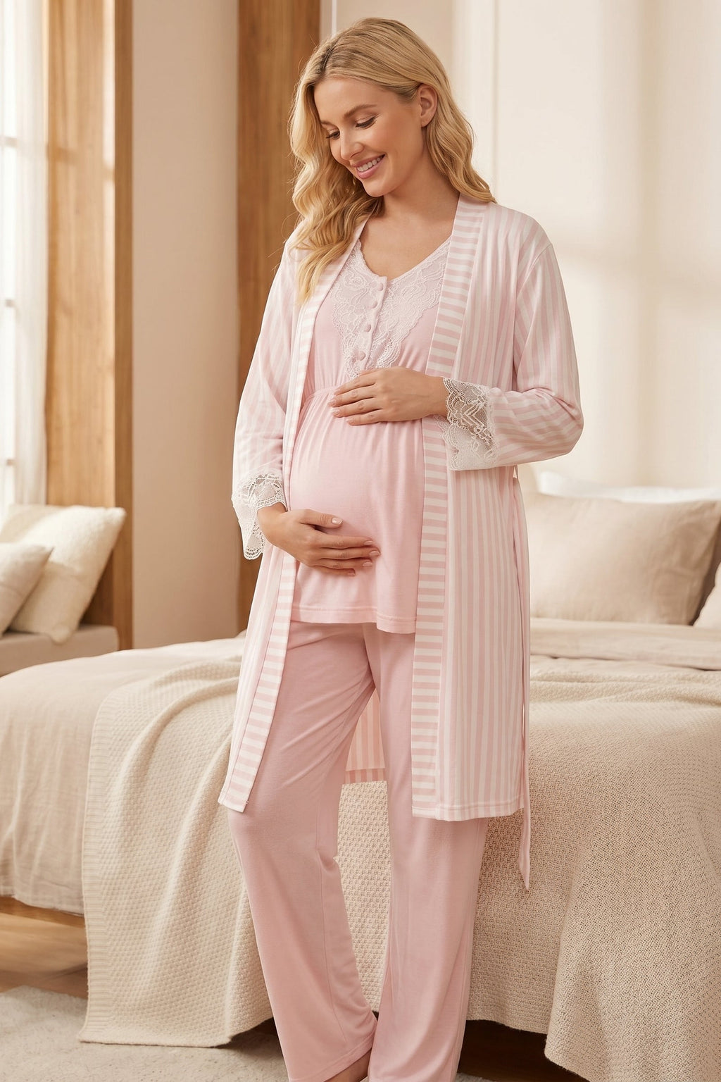 Çizgili 3'lü Sabahlıklı Lohusa Pijama Takımı Pembe - 2053