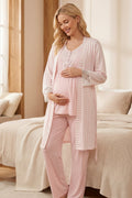Çizgili 3'lü Sabahlıklı Lohusa Pijama Takımı Pembe - 2053