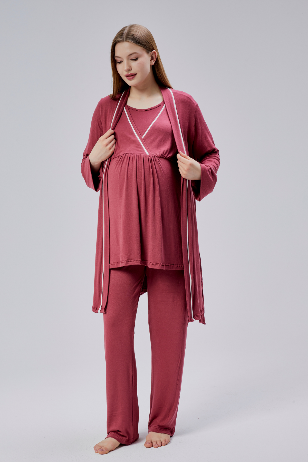 Biyeli 3'lü Sabahlıklı Lohusa Pijama Takımı Narçiçeği - 0810
