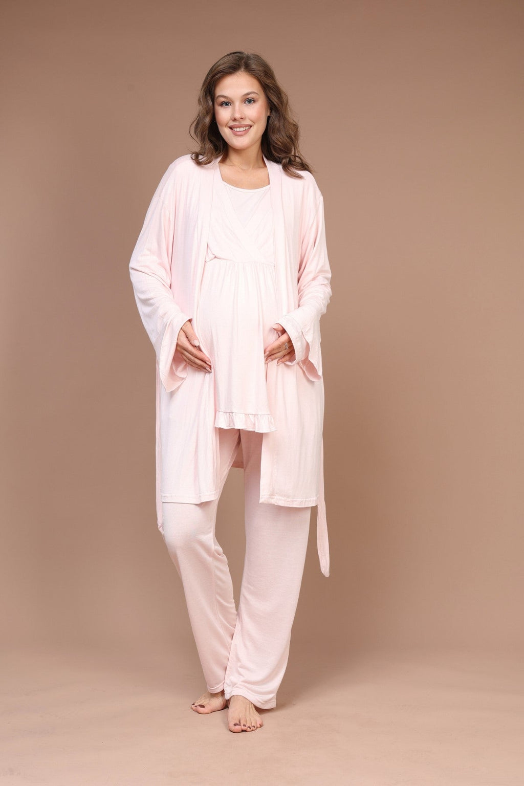 Kruvaze Sade Uzun Kollu 3'lü Sabahlıklı Lohusa Pijama Takımı Pembe - 625