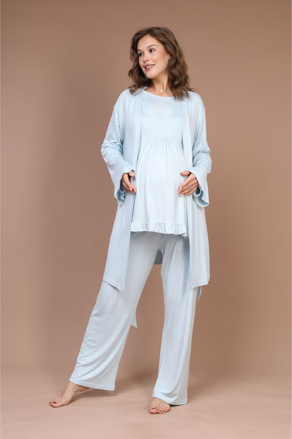 Kruvaze Sade Uzun Kollu 3'lü Sabahlıklı Lohusa Pijama Takımı Mavi - 640