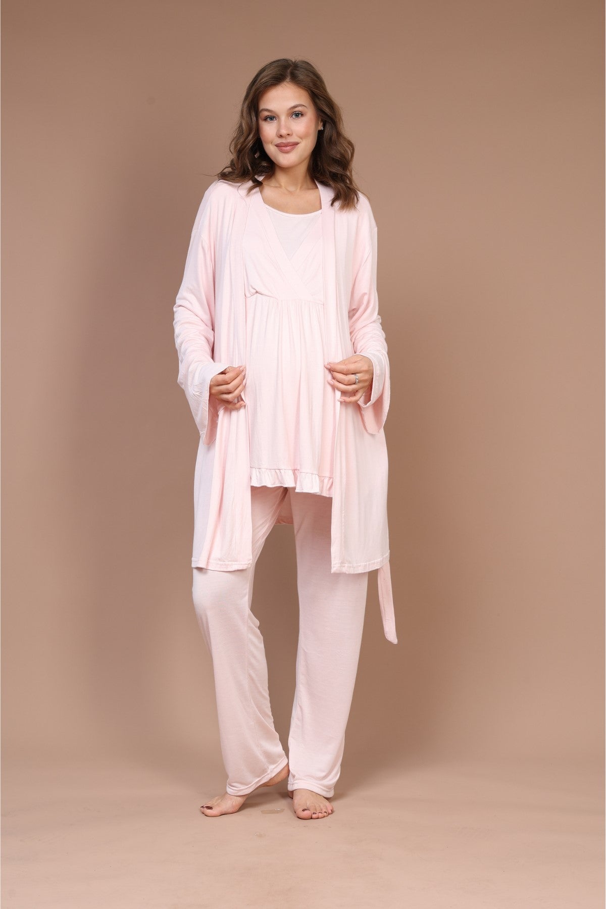 Kruvaze Sade Uzun Kollu 3'lü Sabahlıklı Lohusa Pijama Takımı Pembe - 625