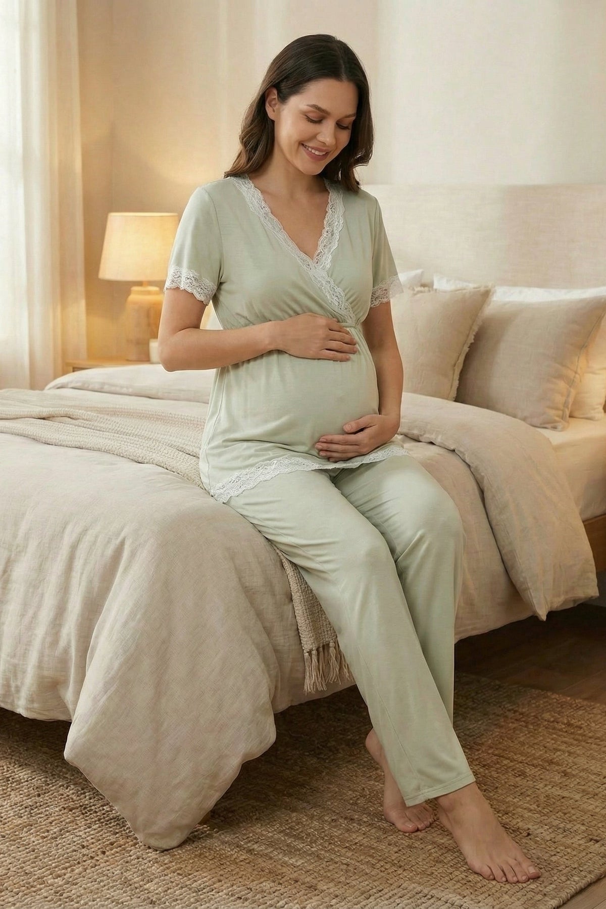 3'lü Sabahlıklı Dantel Biyeli Kruvaze Lohusa Pijama Takımı Mint - 2032
