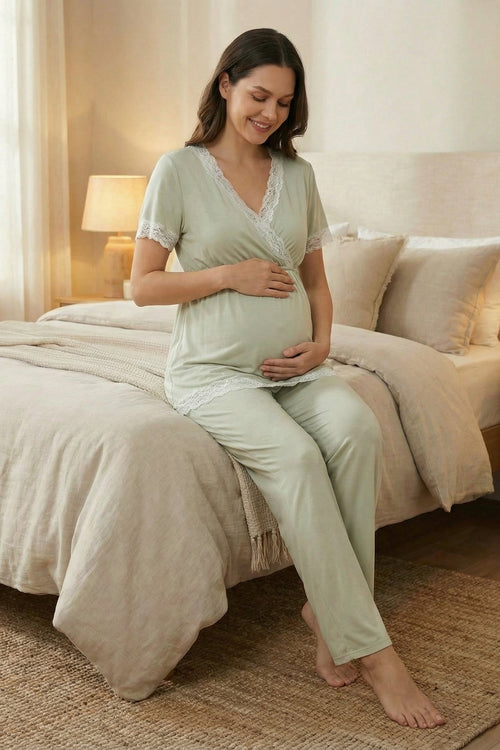 3'lü Sabahlıklı Dantel Biyeli Kruvaze Lohusa Pijama Takımı Mint - 2032