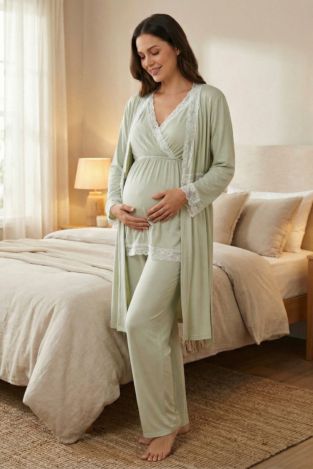3'lü Sabahlıklı Dantel Biyeli Kruvaze Lohusa Pijama Takımı Mint - 2032