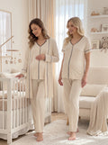 Önden Düğmeli 3'lü Sabahlıklı Lohusa Pijama Takımı Ekru - 2035