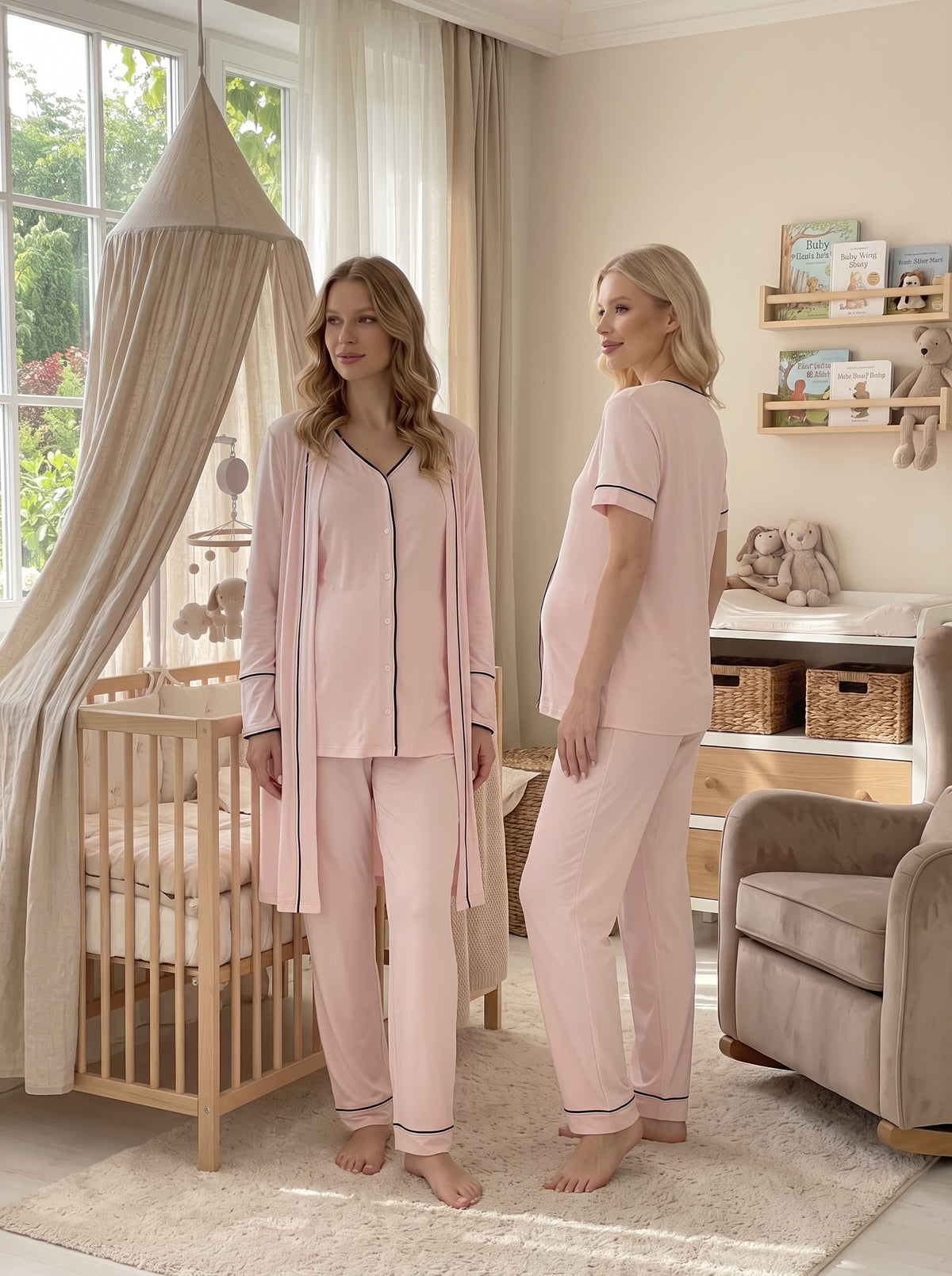 Önden Düğmeli 3'lü Sabahlıklı Lohusa Pijama Takımı Pembe - 2038