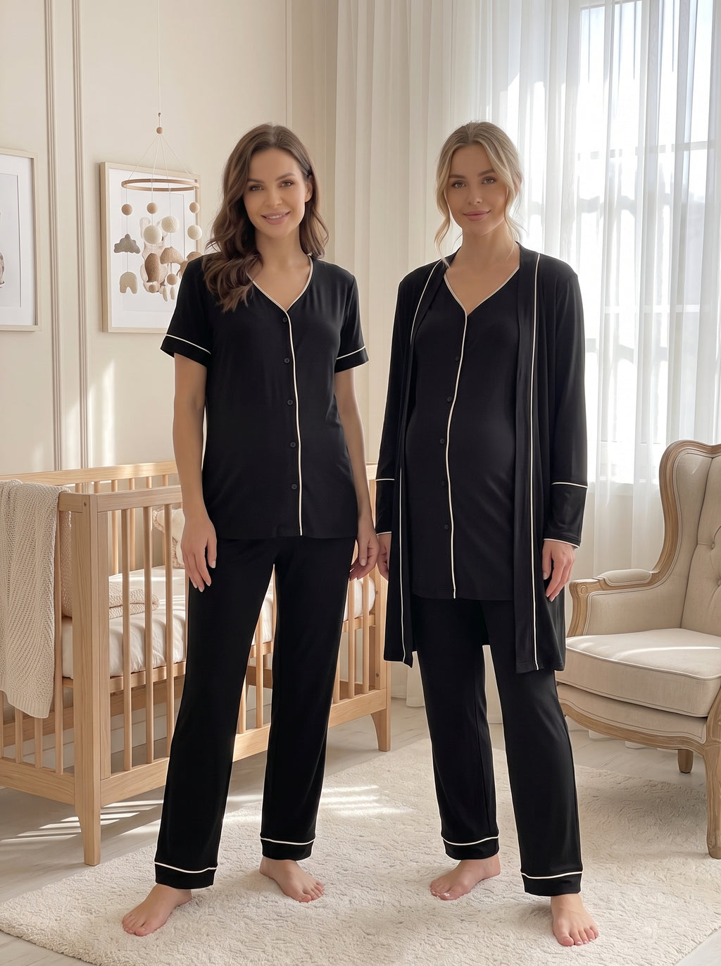 Önden Düğmeli 3'lü Sabahlıklı Lohusa Pijama Takımı Siyah - 2037