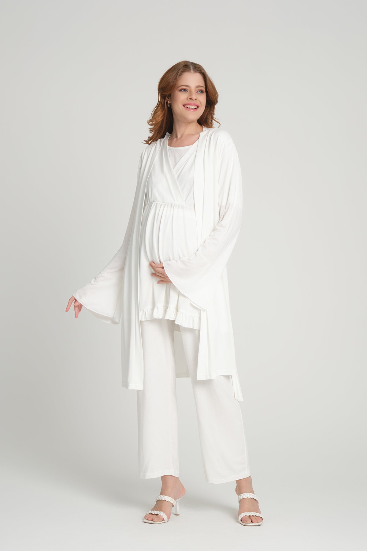 Volan Kol 3'lü Sabahlıklı Kruvaze Lohusa Pijama Takımı Ekru - 2378