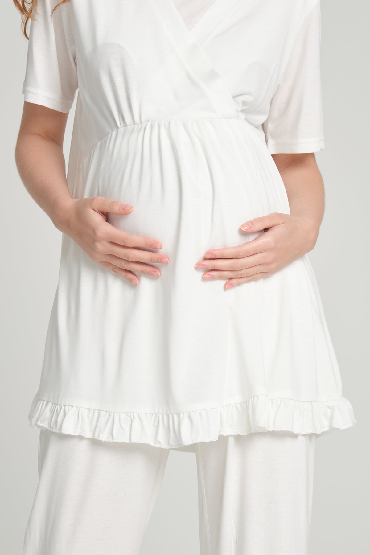 Volan Kol 3'lü Sabahlıklı Kruvaze Lohusa Pijama Takımı Ekru - 2378