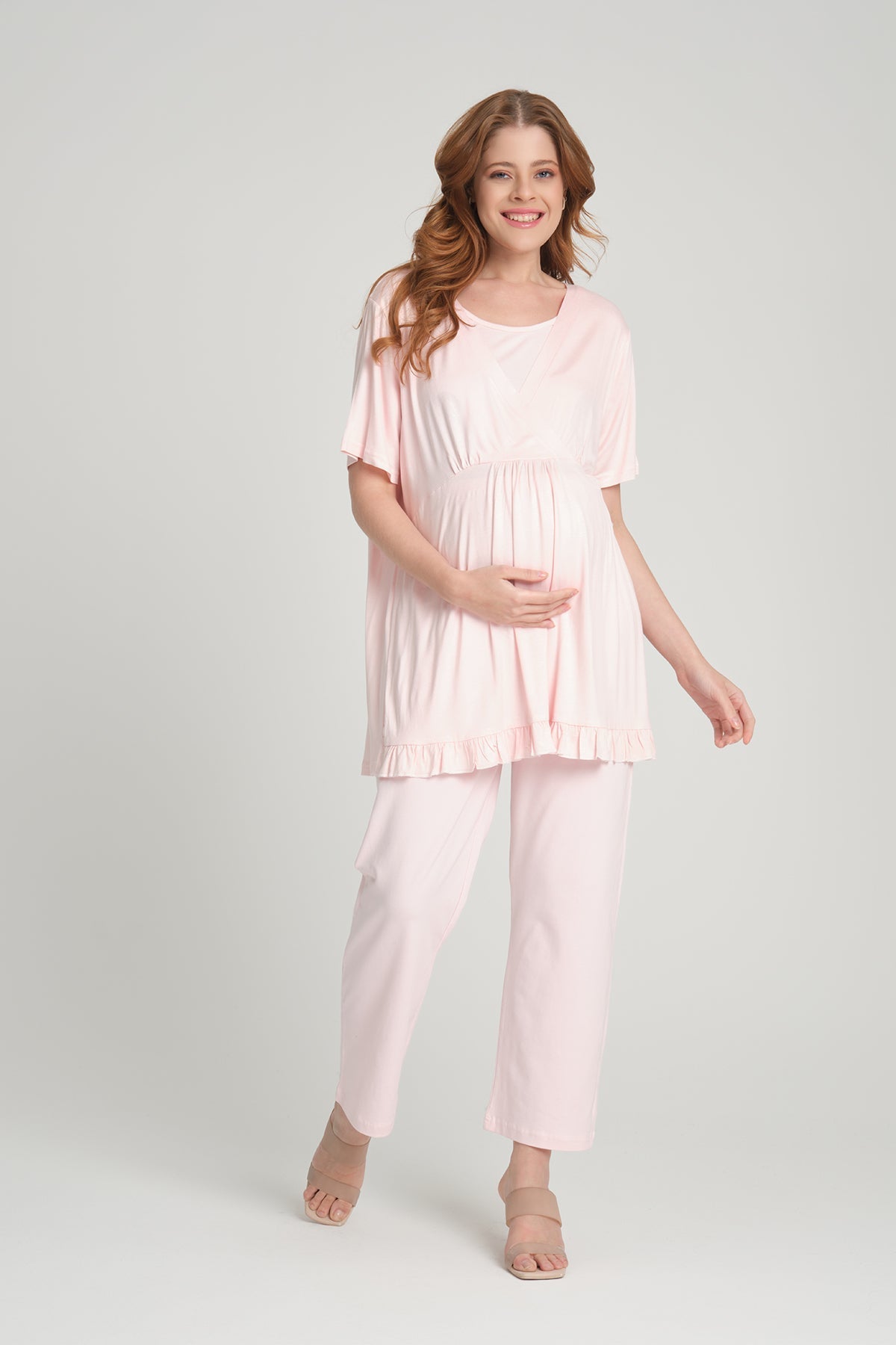 Volan Kol 3'lü Sabahlıklı Kruvaze Lohusa Pijama Takımı Pembe - 2382