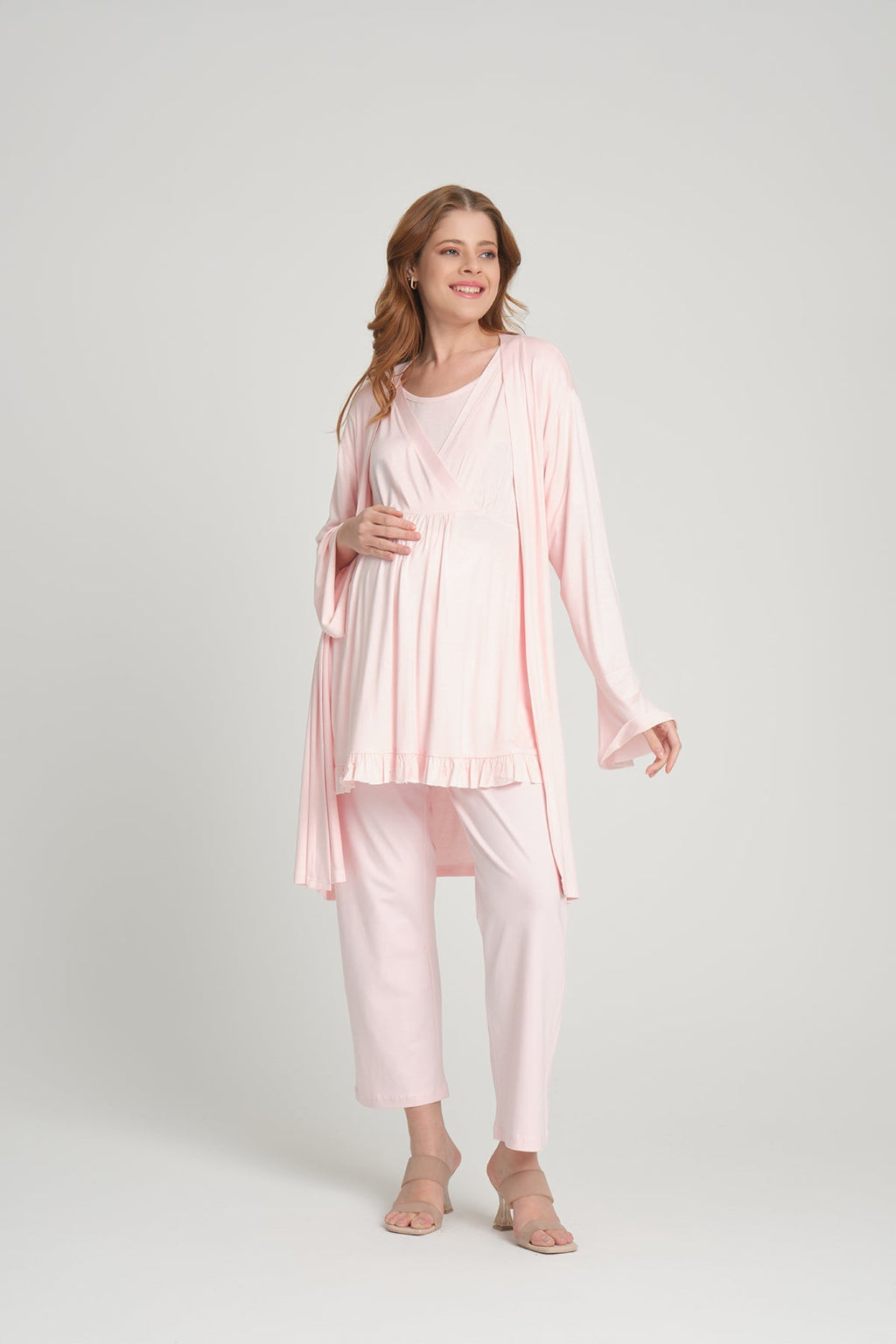 Volan Kol 3'lü Sabahlıklı Kruvaze Lohusa Pijama Takımı Pembe - 2382