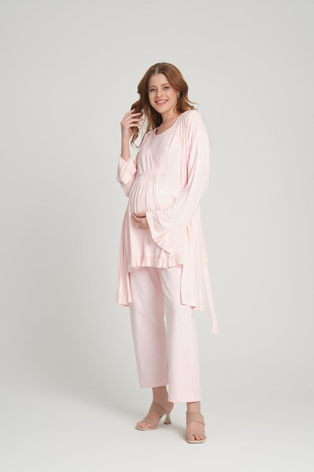Volan Kol 3'lü Sabahlıklı Kruvaze Lohusa Pijama Takımı Pembe - 2382