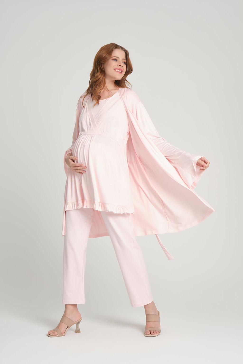 Volan Kol 3'lü Sabahlıklı Kruvaze Lohusa Pijama Takımı Pembe - 2382