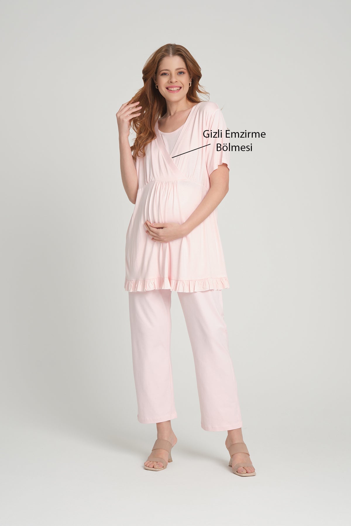 Volan Kol 3'lü Sabahlıklı Kruvaze Lohusa Pijama Takımı Pembe - 2382