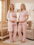 Çizgili 3'lü Sabahlıklı Lohusa Pijama Takımı Pembe - 2053
