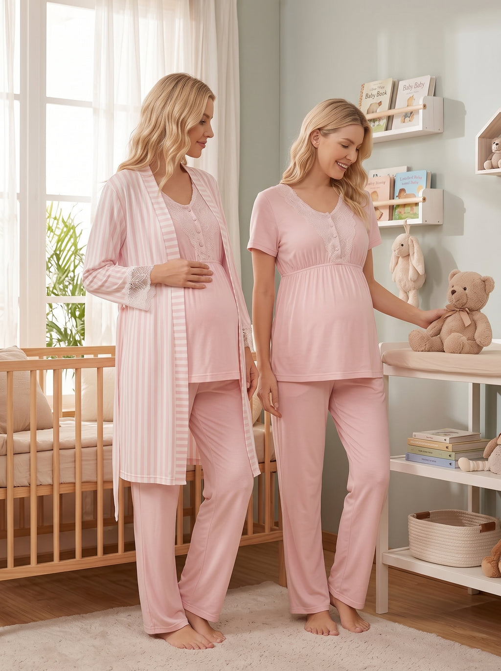 Çizgili 3'lü Sabahlıklı Lohusa Pijama Takımı Pembe - 2053