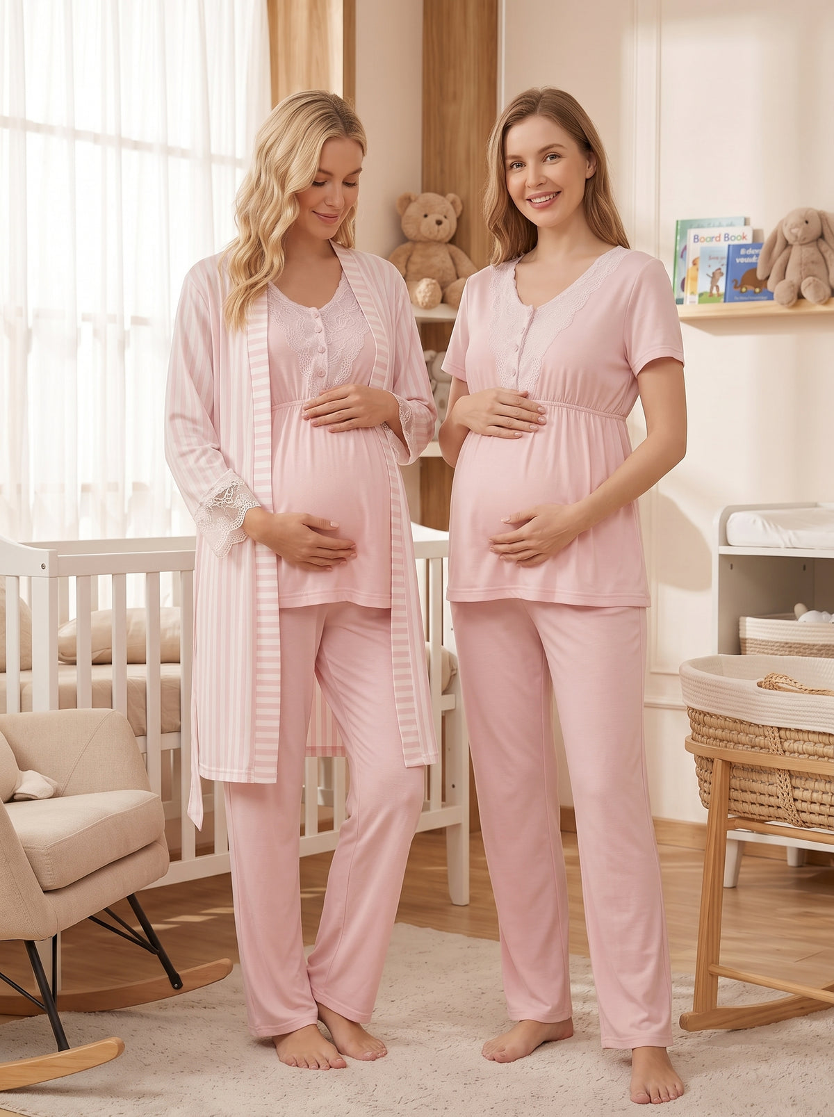 Çizgili 3'lü Sabahlıklı Lohusa Pijama Takımı Pembe - 2053