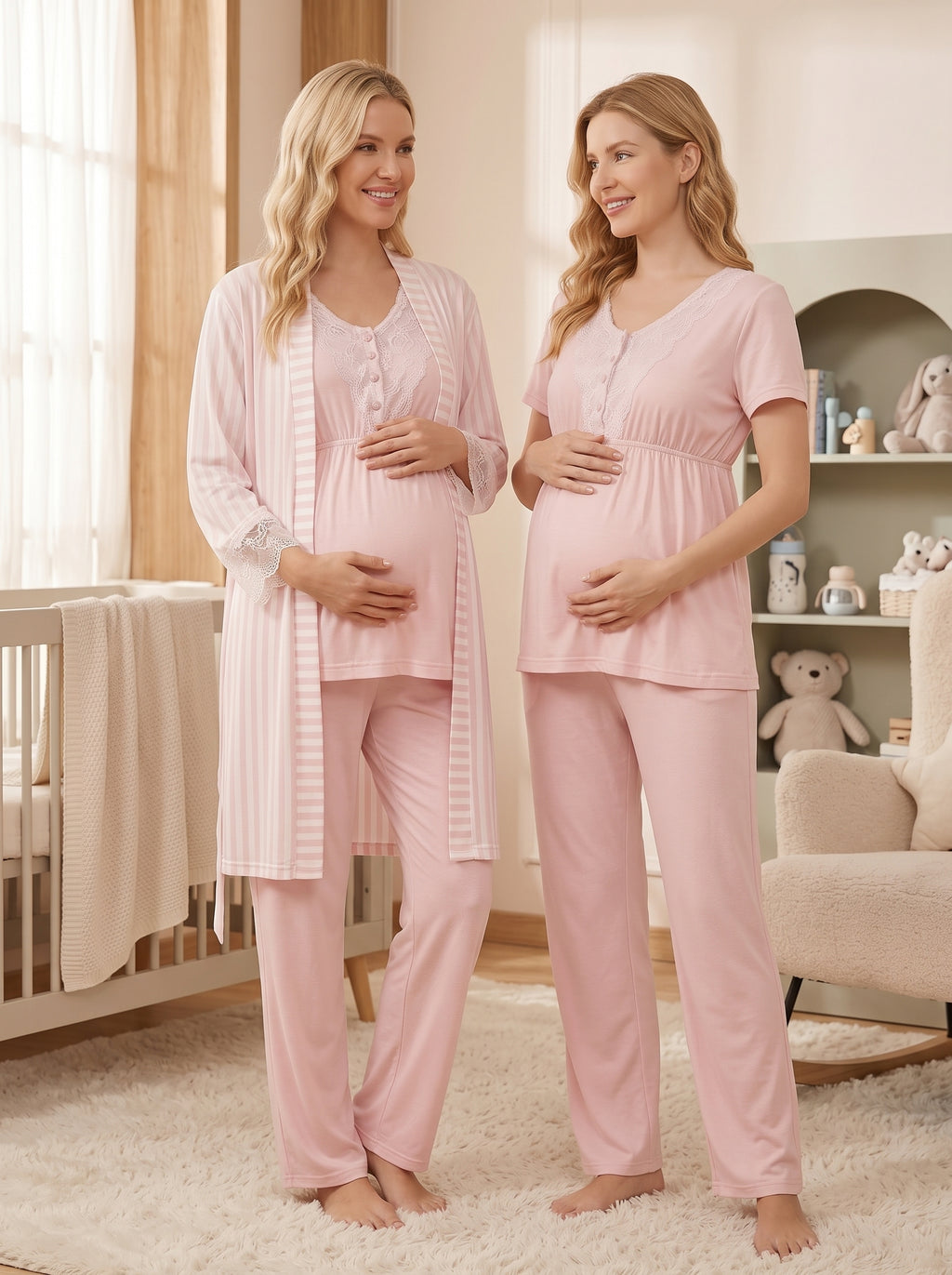 Çizgili 3'lü Sabahlıklı Lohusa Pijama Takımı Pembe - 2053