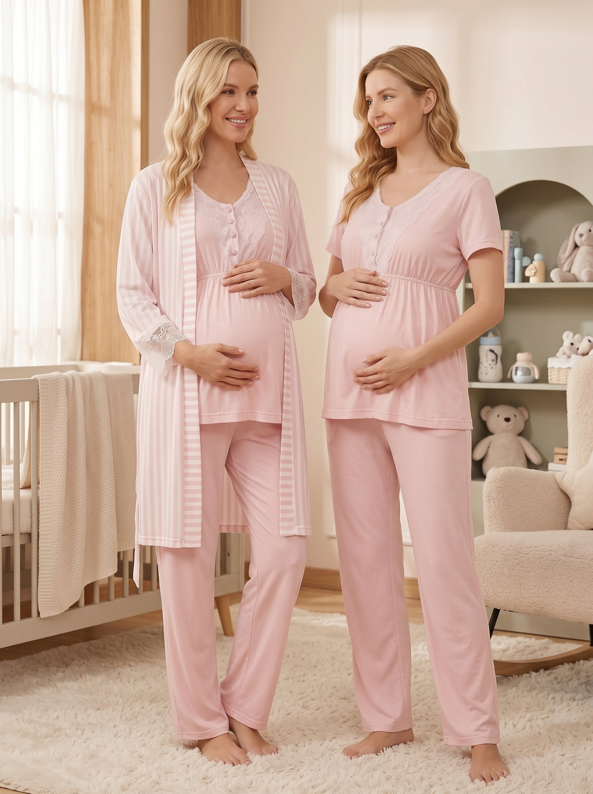 Çizgili 3'lü Sabahlıklı Lohusa Pijama Takımı Pembe - 2053