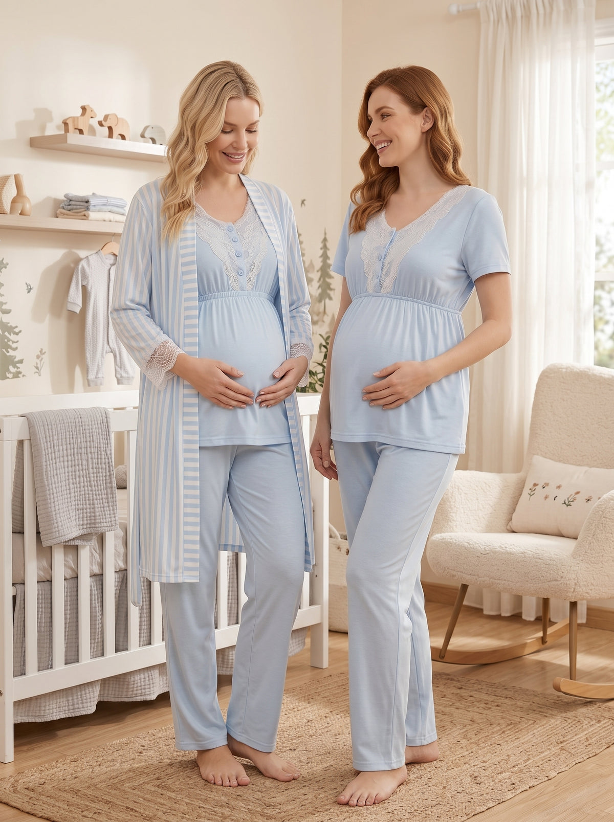 Çizgili 3'lü Sabahlıklı Lohusa Pijama Takımı Mavi - 2054