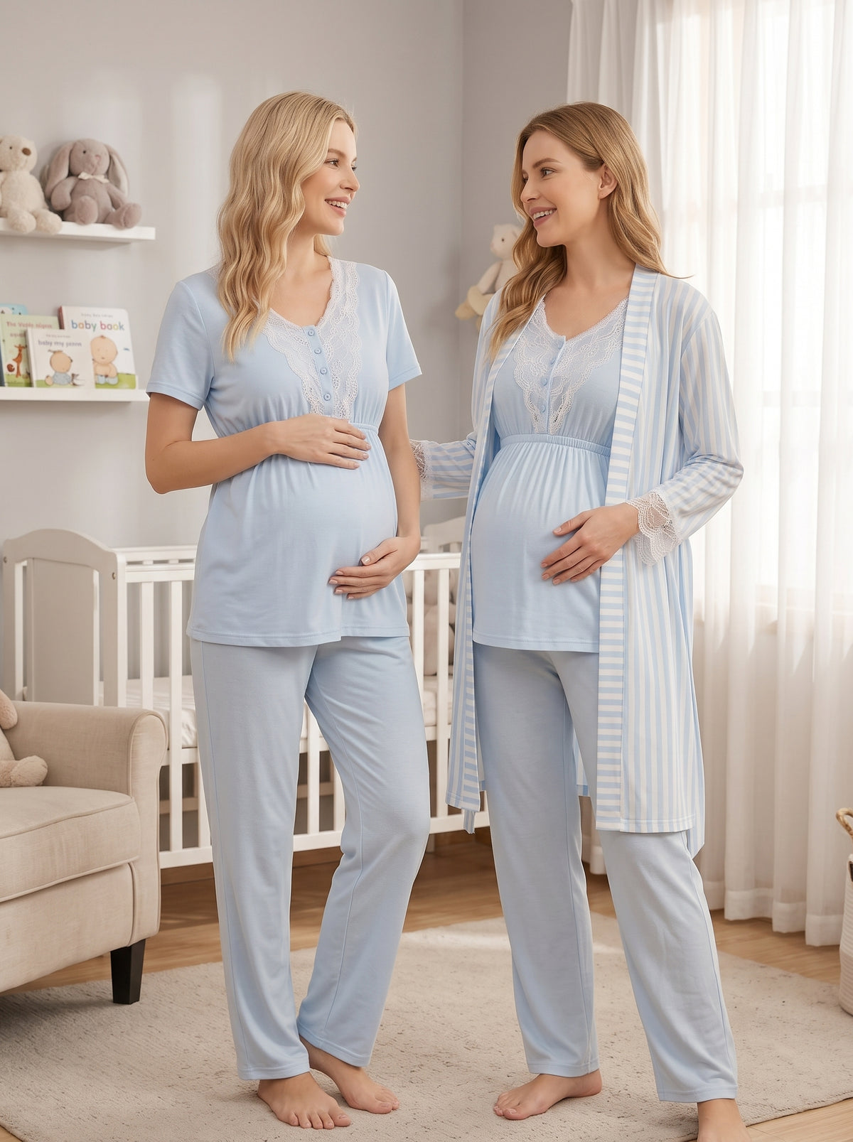 Çizgili 3'lü Sabahlıklı Lohusa Pijama Takımı Mavi - 2054