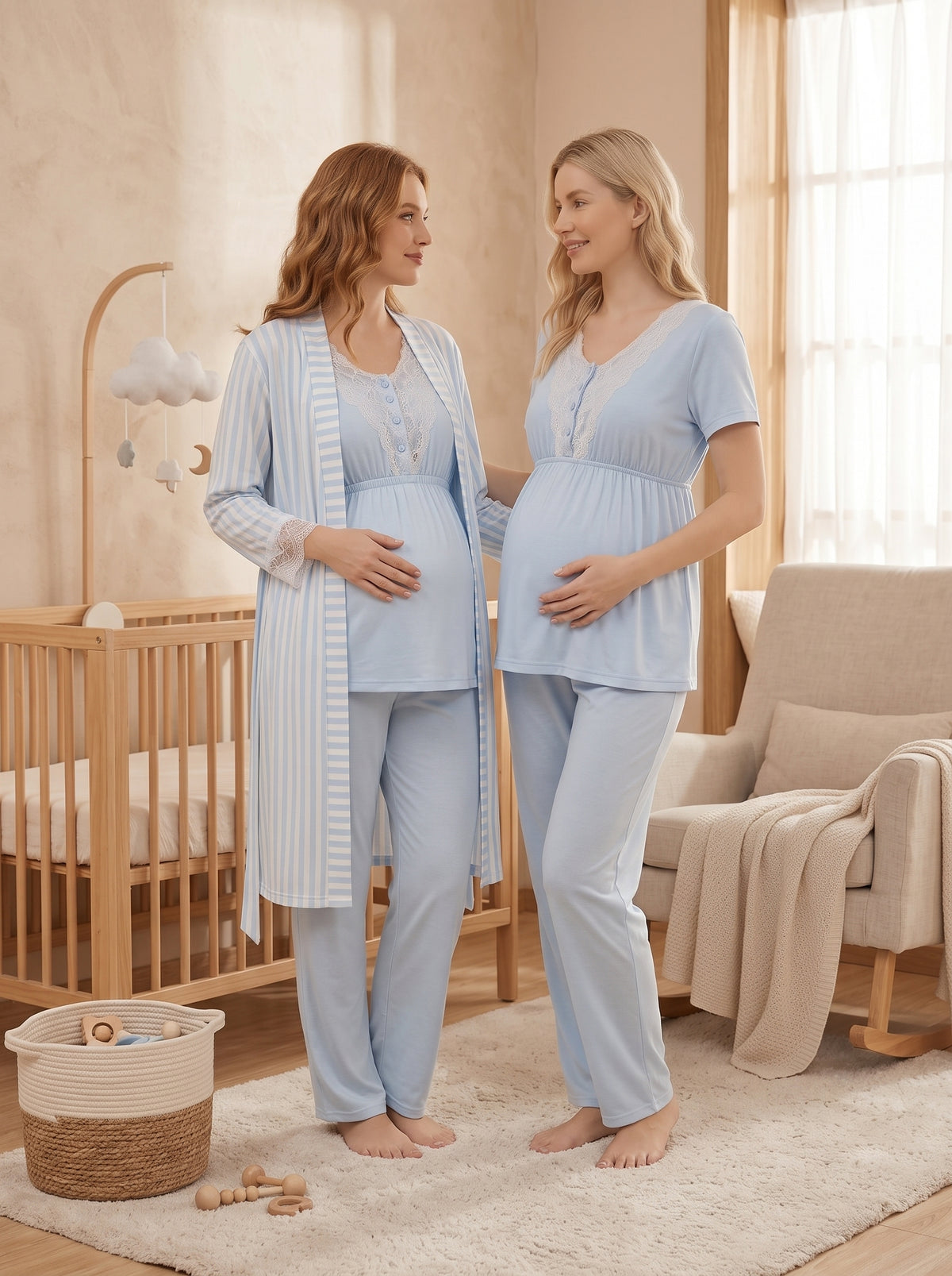 Çizgili 3'lü Sabahlıklı Lohusa Pijama Takımı Mavi - 2054