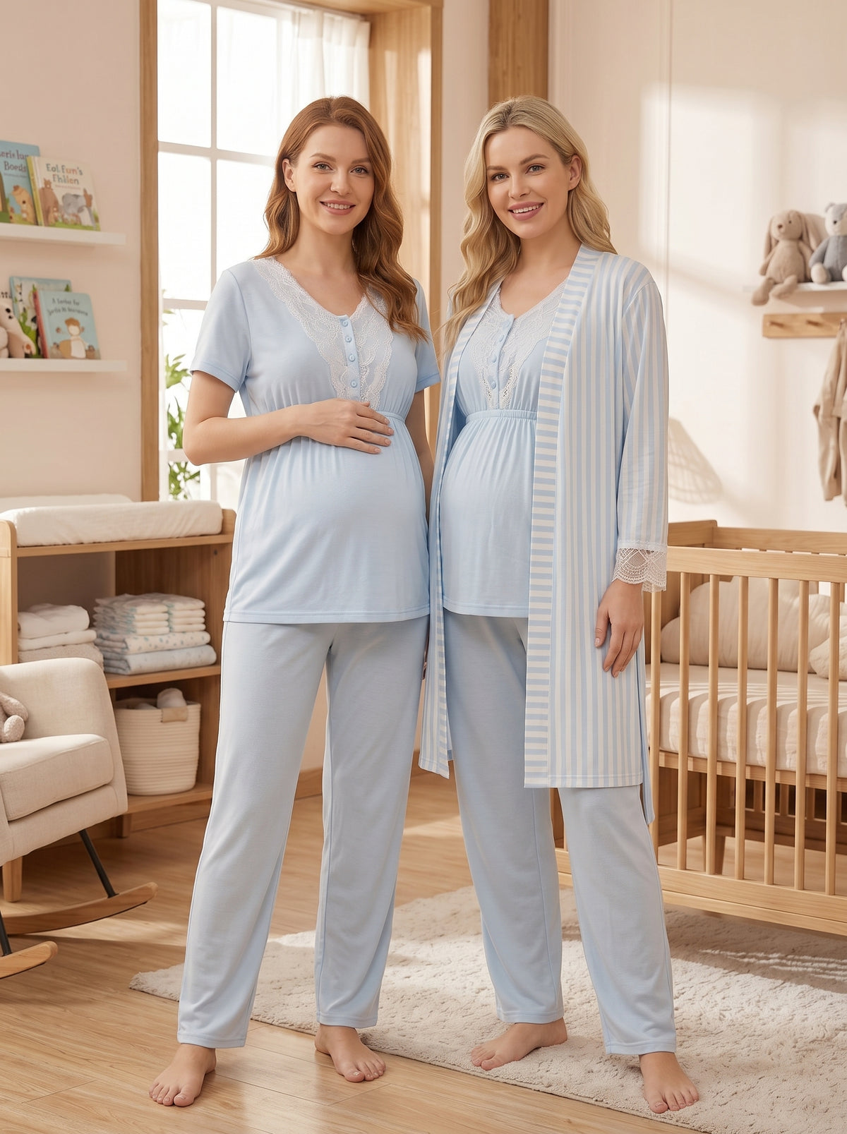 Çizgili 3'lü Sabahlıklı Lohusa Pijama Takımı Mavi - 2054