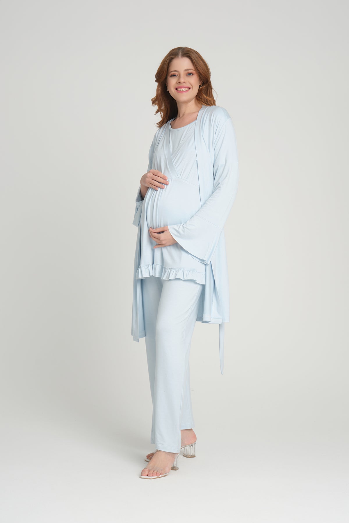 Volan Kol 3'lü Sabahlıklı Kruvaze Lohusa Pijama Takımı Mavi - 2364