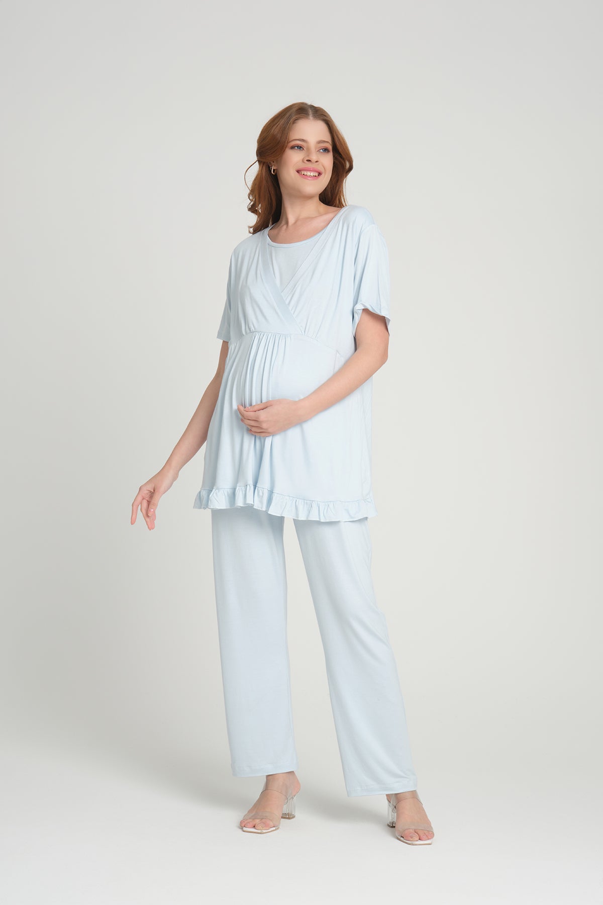 Volan Kol 3'lü Sabahlıklı Kruvaze Lohusa Pijama Takımı Mavi - 2364