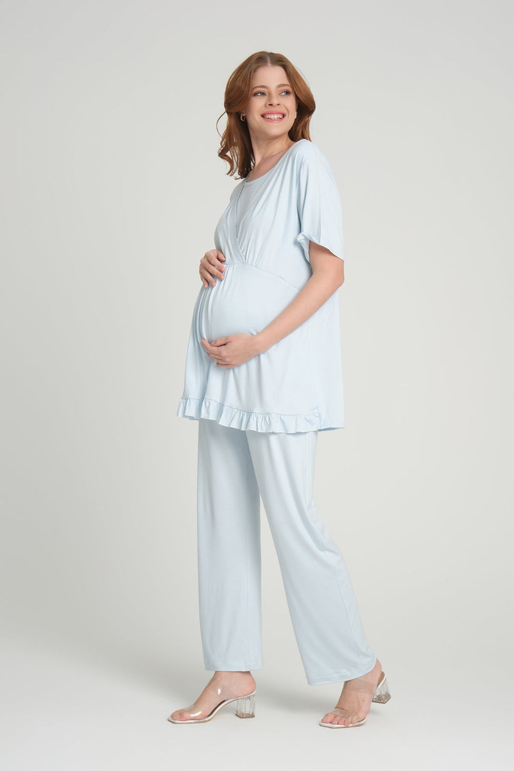 Volan Kol 3'lü Sabahlıklı Kruvaze Lohusa Pijama Takımı Mavi - 2364