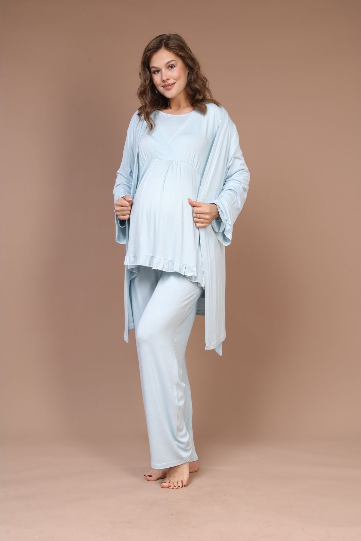 Kruvaze Sade Uzun Kollu 3'lü Sabahlıklı Lohusa Pijama Takımı Mavi - 640