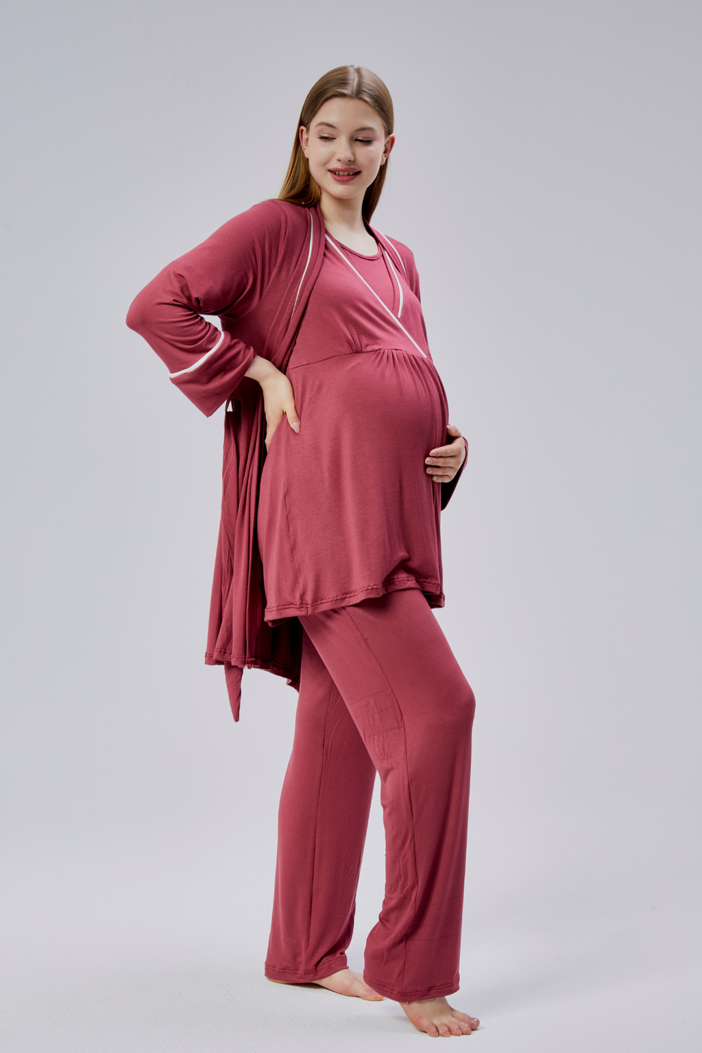 Biyeli 3'lü Sabahlıklı Lohusa Pijama Takımı Narçiçeği - 0810