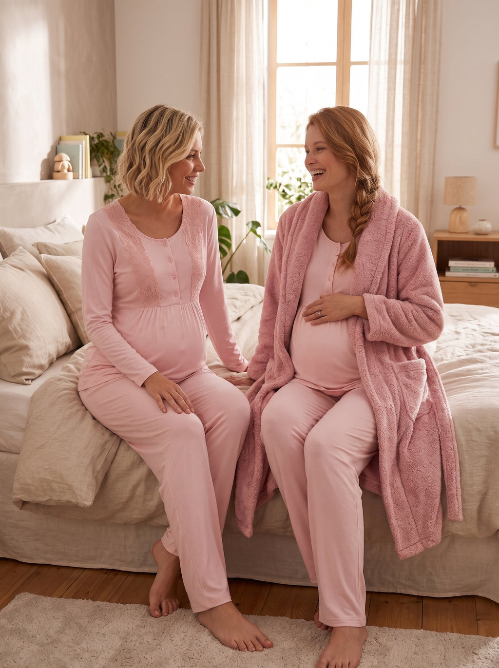 Welsoft 3'lü Sabahlıklı Dantelli Yaka Lohusa Pijama Takımı Pembe - 3002