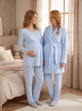 Welsoft 3'lü Sabahlıklı Kruvaze Lohusa Pijama Takımı Mavi - 3007