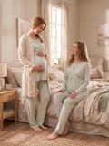 Desenli 3'lü Sabahlıklı Kruvaze Lohusa Pijama Takımı Mint - 3026