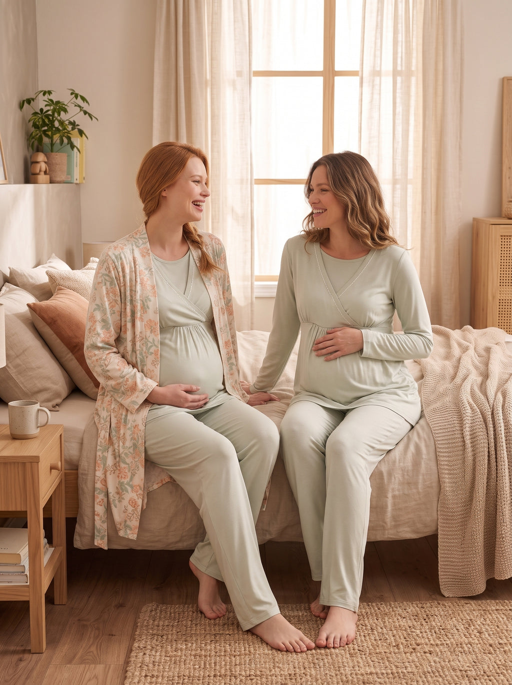 Desenli 3'lü Sabahlıklı Kruvaze Lohusa Pijama Takımı Mint - 3026