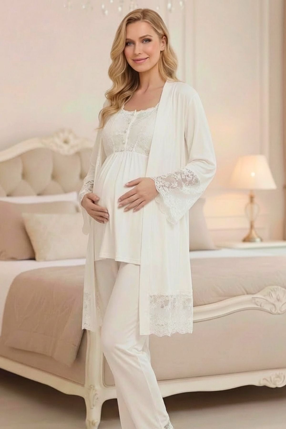 Brodeli Tasarım 3'lü Sabahlıklı Lohusa Pijama Takımı Ekru - 2025