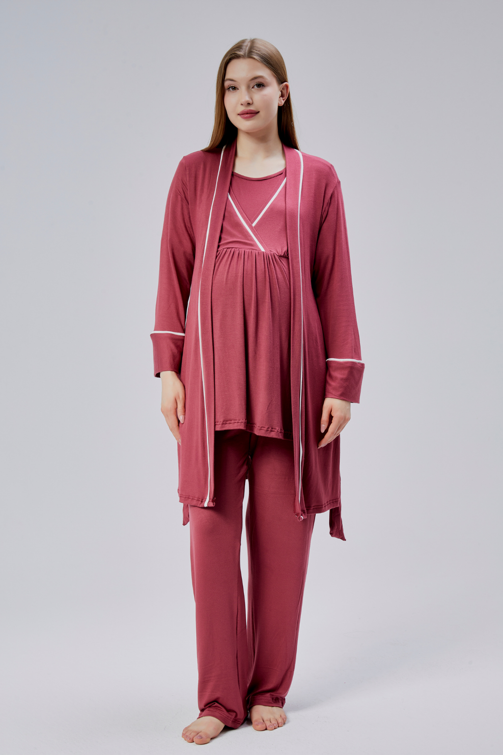 Biyeli 3'lü Sabahlıklı Lohusa Pijama Takımı Narçiçeği - 0810
