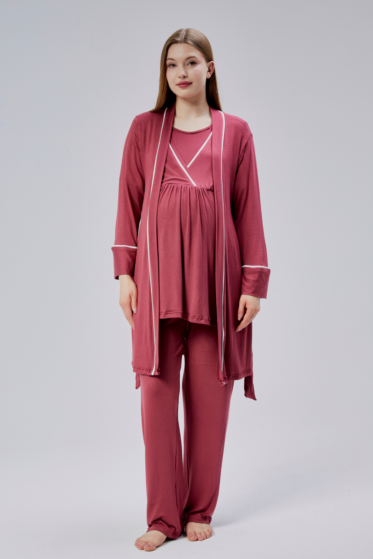 Biyeli 3'lü Sabahlıklı Lohusa Pijama Takımı Narçiçeği - 0810