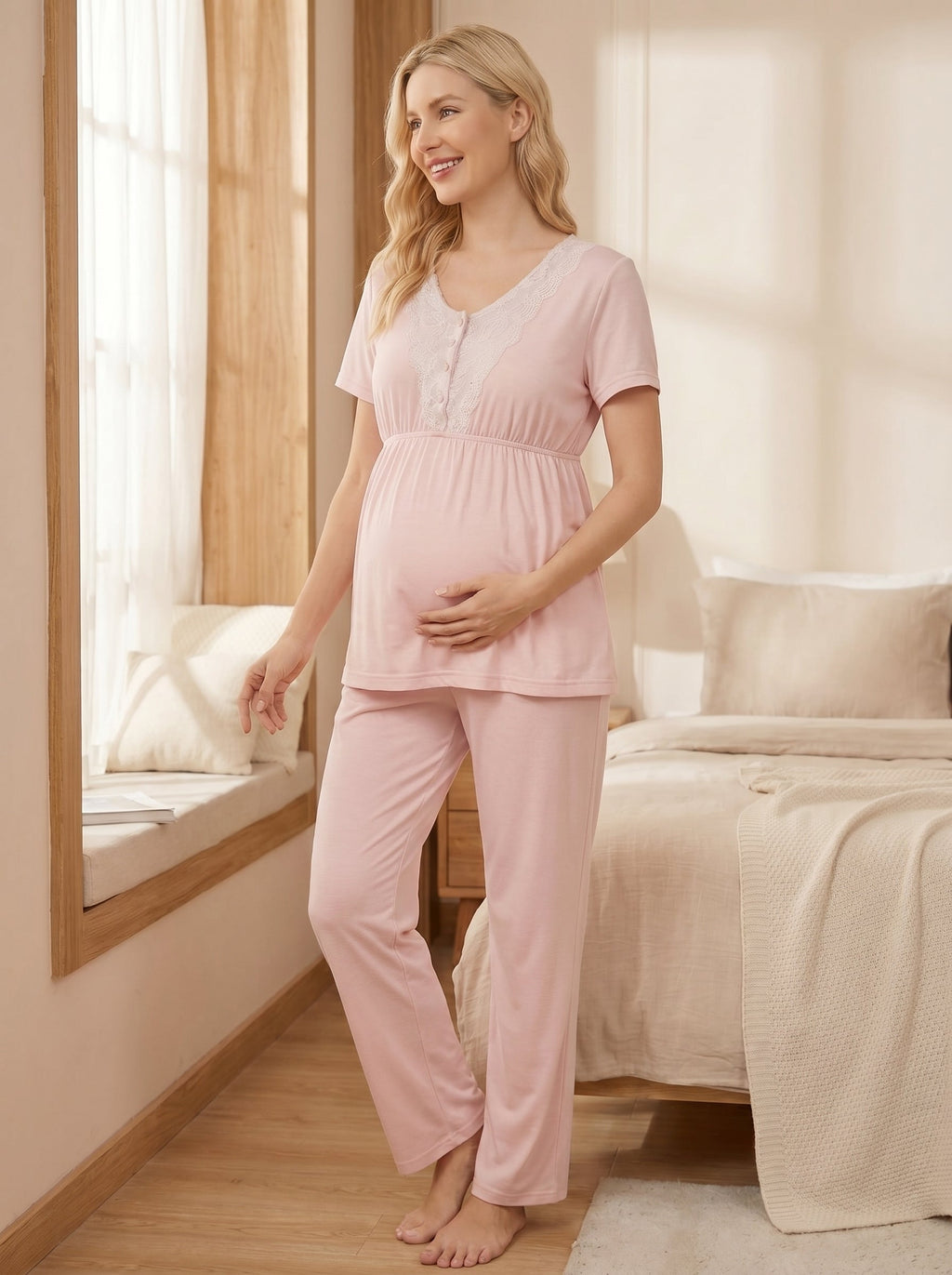Çizgili 3'lü Sabahlıklı Lohusa Pijama Takımı Pembe - 2053