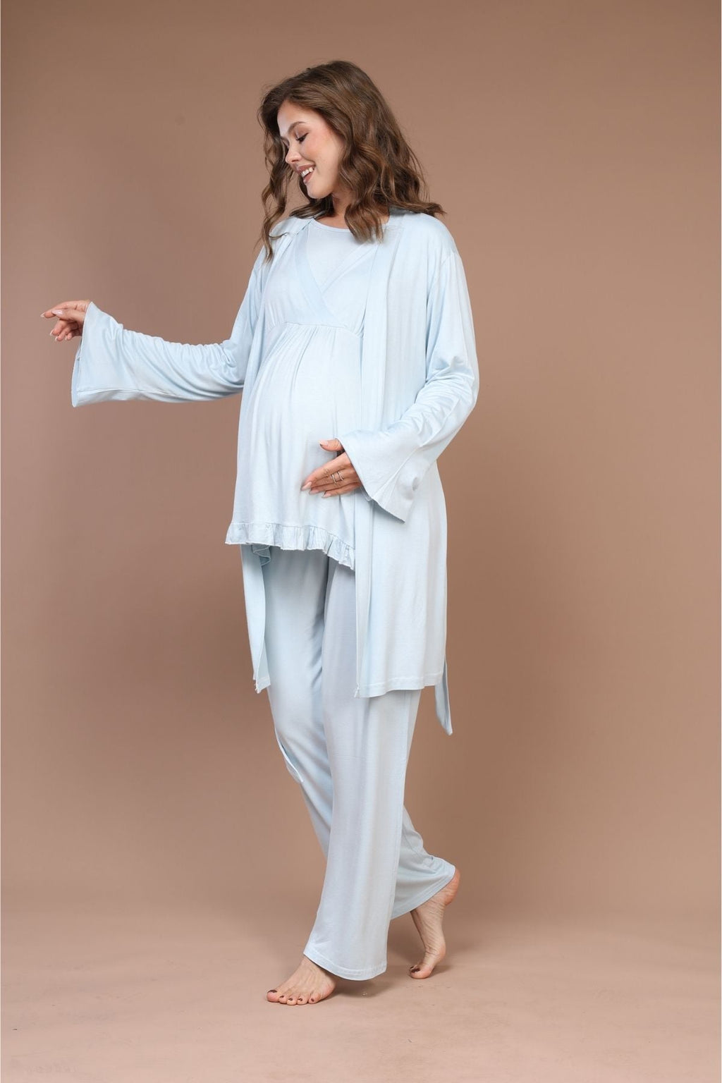 Kruvaze Sade Uzun Kollu 3'lü Sabahlıklı Lohusa Pijama Takımı Mavi - 640