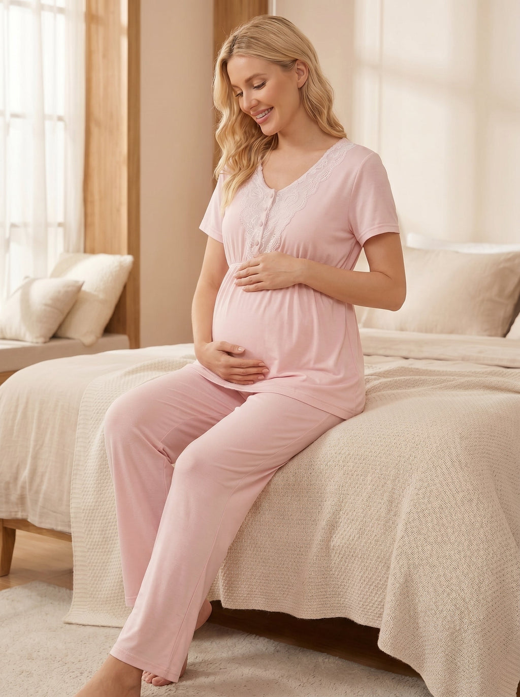 Çizgili 3'lü Sabahlıklı Lohusa Pijama Takımı Pembe - 2053