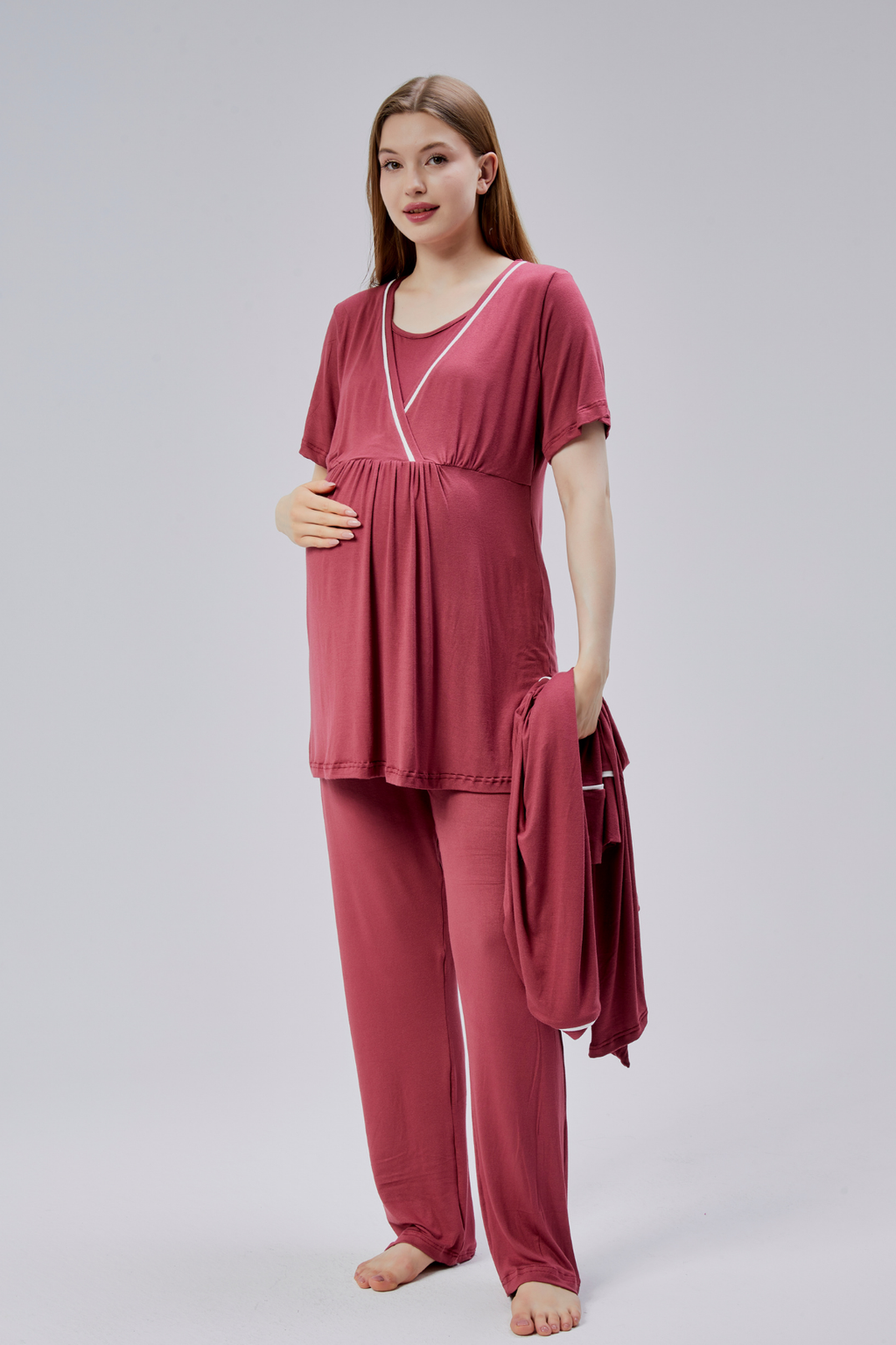 Biyeli 3'lü Sabahlıklı Lohusa Pijama Takımı Narçiçeği - 0810