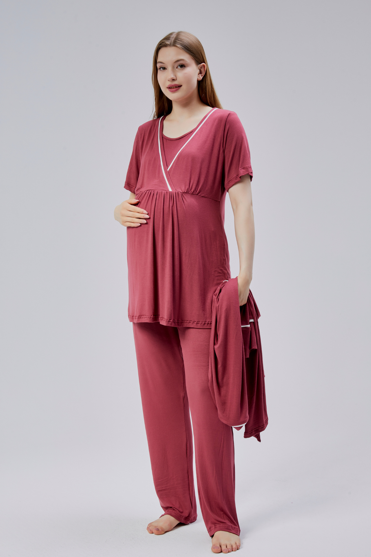 Biyeli 3'lü Sabahlıklı Lohusa Pijama Takımı Narçiçeği - 0810