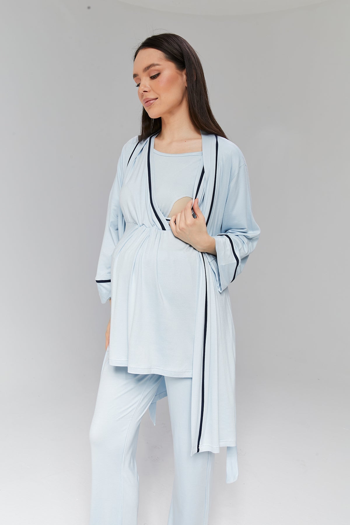 Biye Geçişli 3'lü Sabahlıklı Kruvaze Lohusa Pijama Takımı Mavi - 515