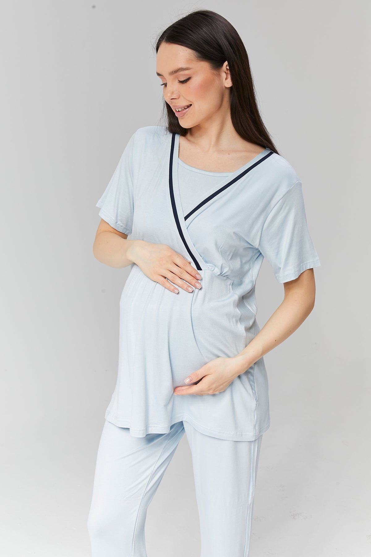 Biye Geçişli 3'lü Sabahlıklı Kruvaze Lohusa Pijama Takımı Mavi - 515