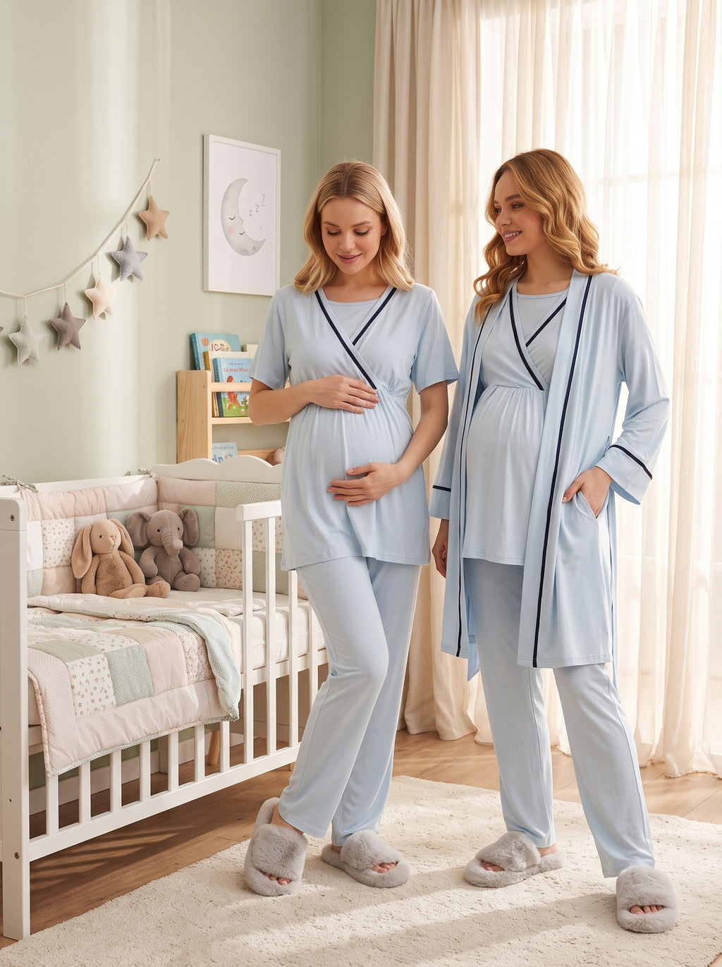 Biye Geçişli 3'lü Sabahlıklı Kruvaze Lohusa Pijama Takımı Mavi - 515