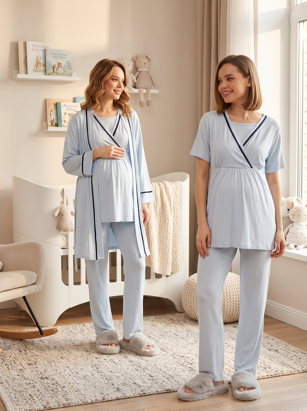 Biye Geçişli 3'lü Sabahlıklı Kruvaze Lohusa Pijama Takımı Mavi - 515
